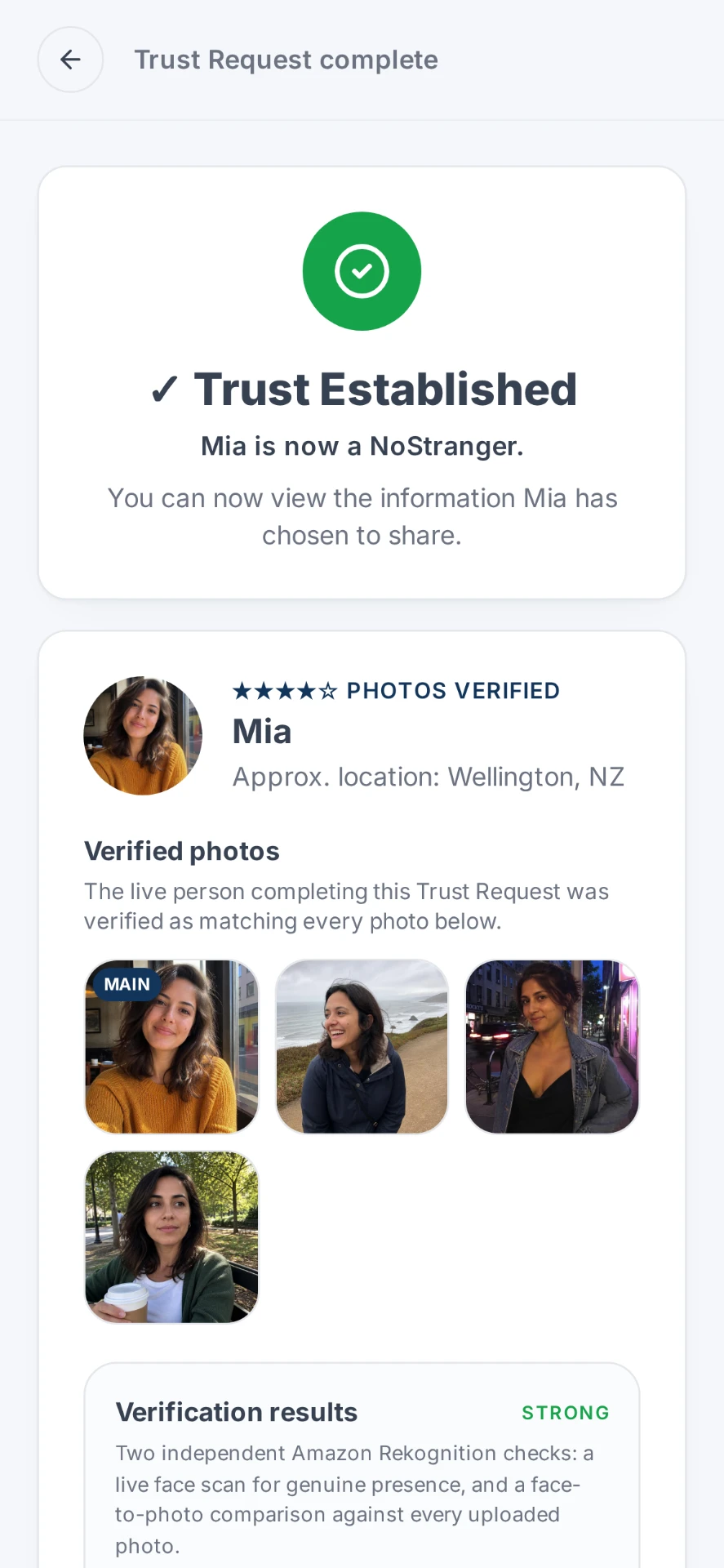 Completed NoStrangers Trust Request showing Trust Established and Photos Verified for Mia