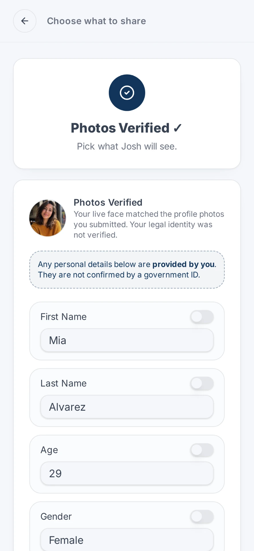 NoStrangers screen showing controls to choose exactly which verified details to share