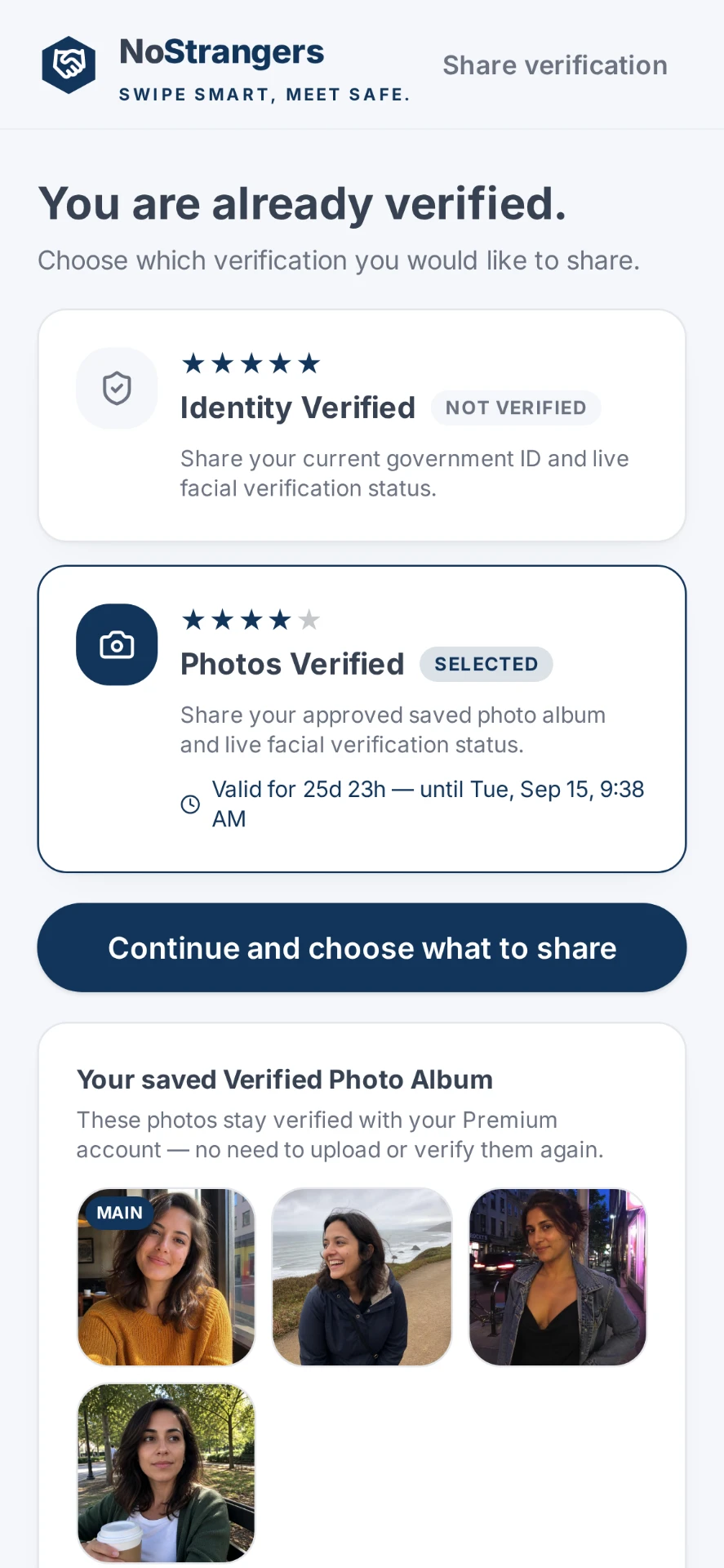 NoStrangers screen showing a saved Verified Photo Album with Photos Verified selected